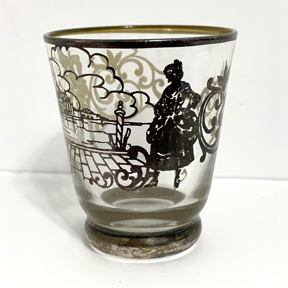 Vintage Drinking Shot Glass Baroque Design Hand Blown Clear with Silver Overlay